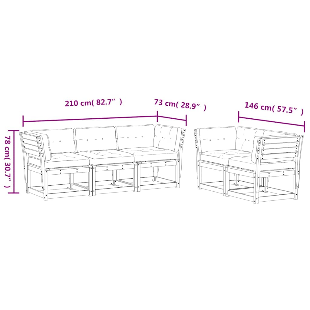 Set Divani Giardino 5 pz con Cuscini in Legno Massello di Pino