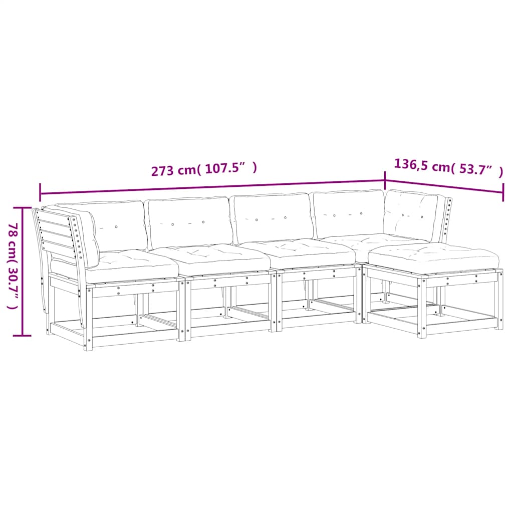 Set Divani Giardino 5 pz con Cuscini in Legno Massello di Pino
