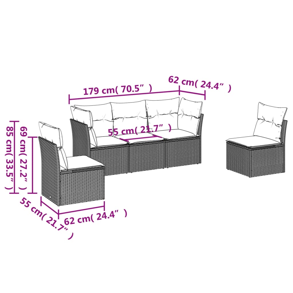 Set divano da esterno 5 pezzi beige polyrattan