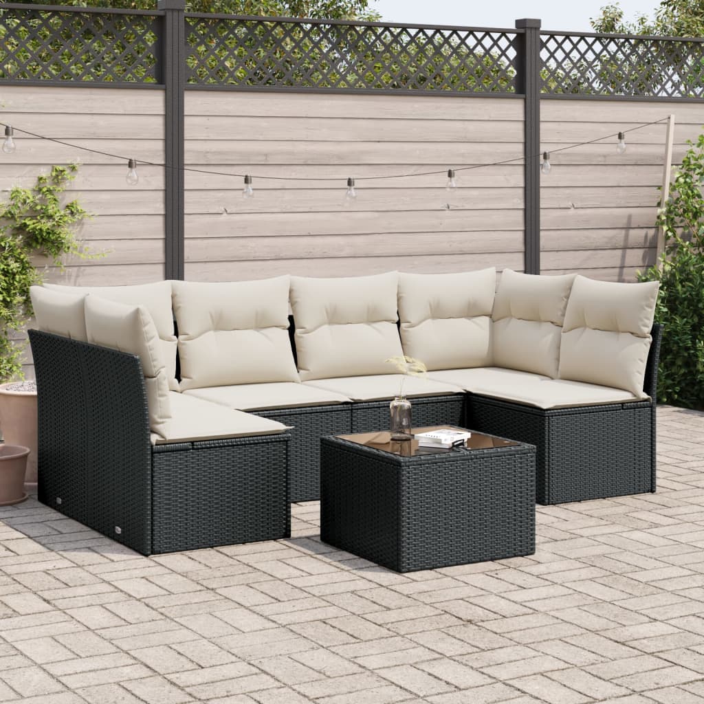 Set Divani da Giardino 7 pz Nero in Polyrattan con Cuscini