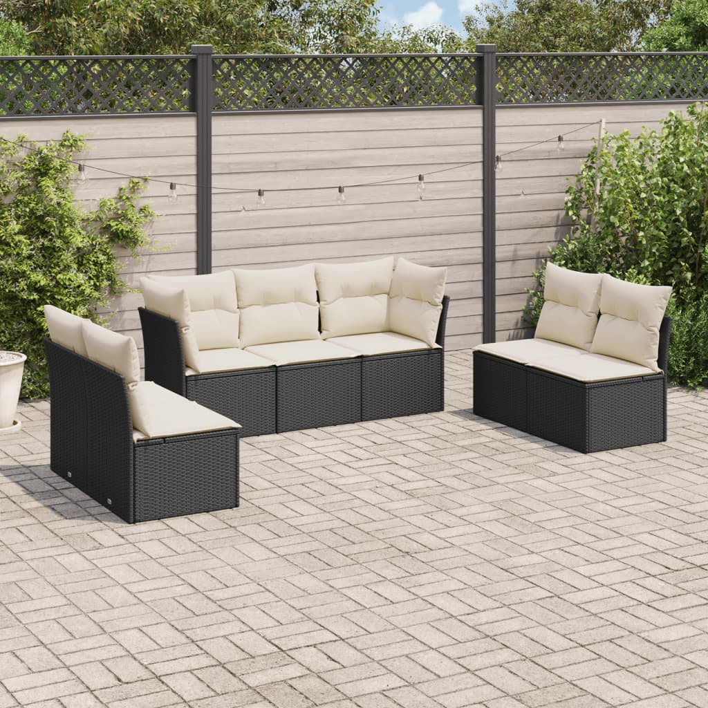 Salotto da giardino 7 pz in rattan PE nero, cuscini bianchi