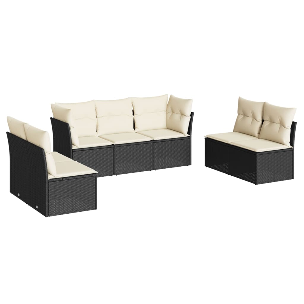Salotto da giardino 7 pz in rattan PE nero, cuscini bianchi