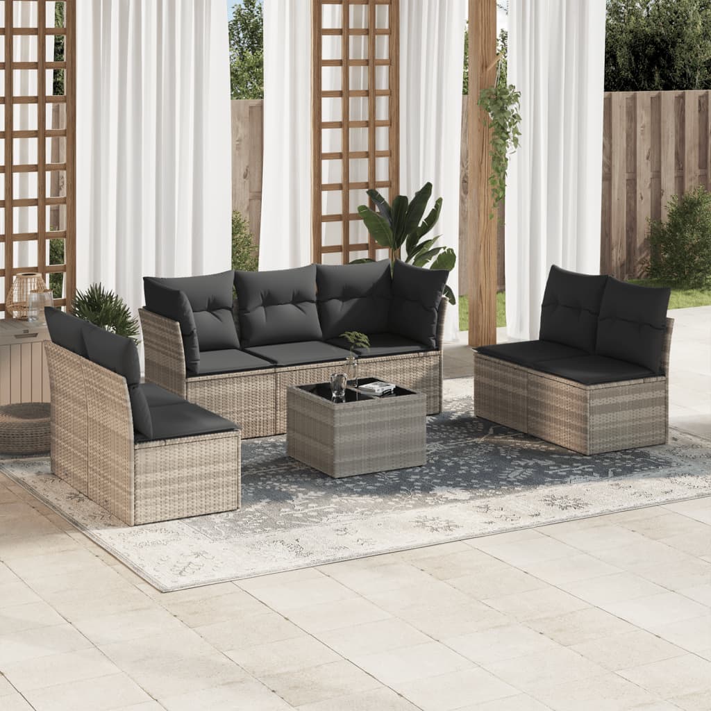 Salotto da giardino 8 pz in rattan PE grigio chiaro con cuscini