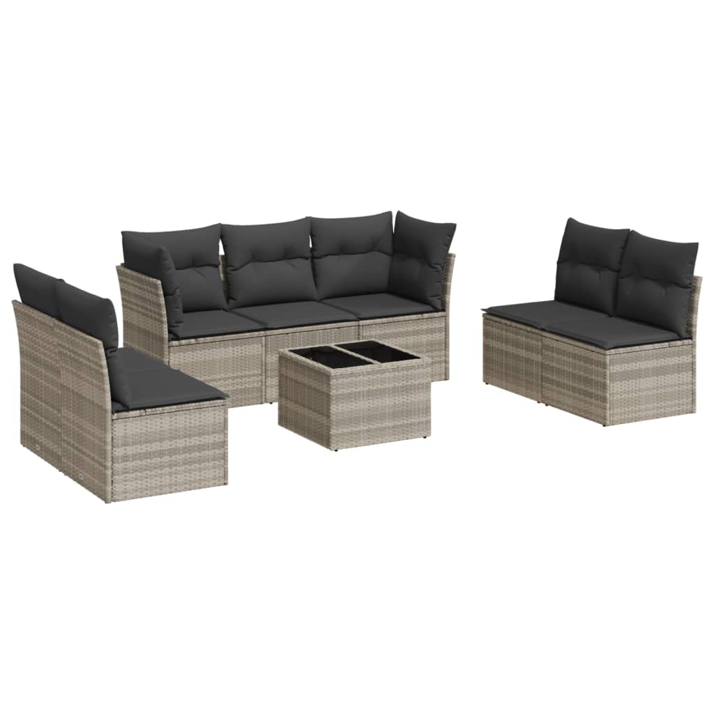 Salotto da giardino 8 pz in rattan PE grigio chiaro con cuscini