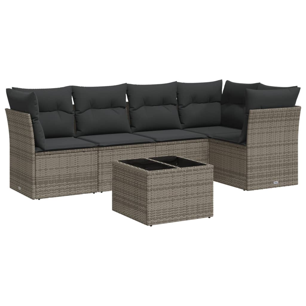 Salotto da giardino 6 pezzi grigio in rattan PE con cuscini