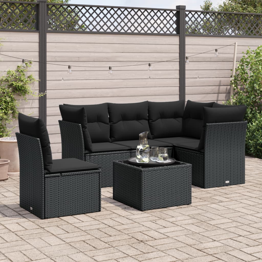 Set Divano da Giardino 6 pz con Cuscini Nero in Polyrattan