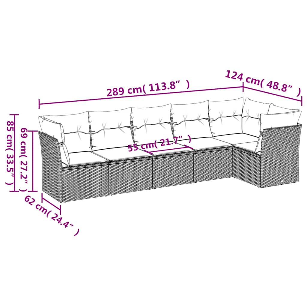 Set Divano da Giardino 6 pz con Cuscini Grigio in Polyrattan