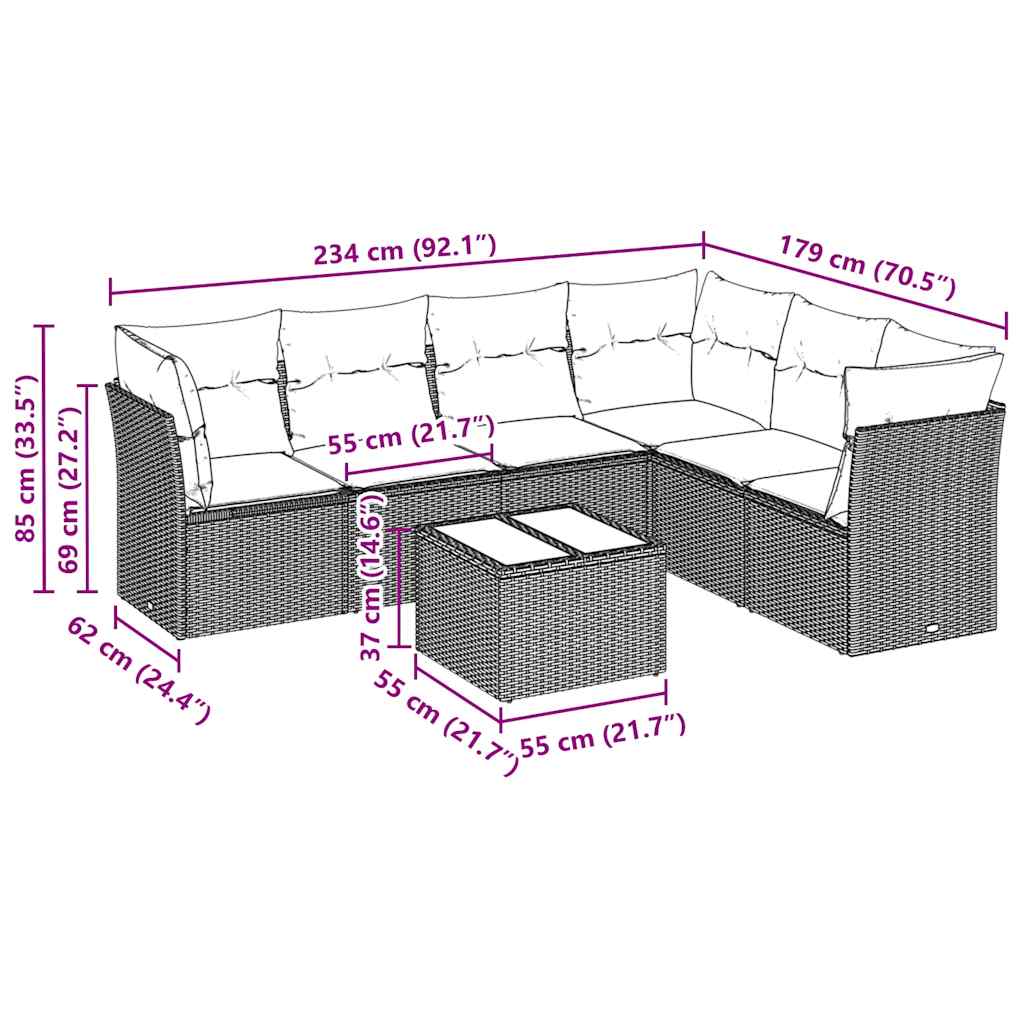 Set Divani da Giardino 7pz con Cuscini Grigio Chiaro Polyrattan