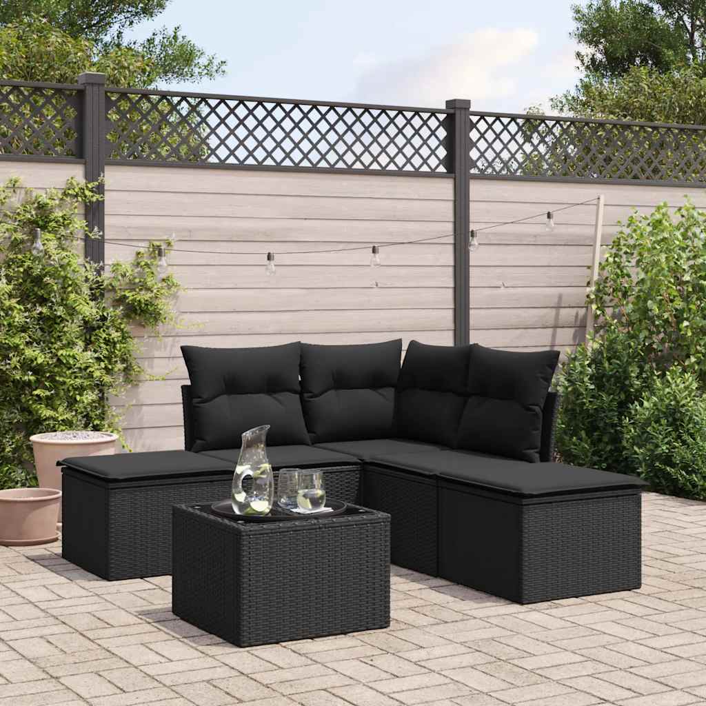Set divani da esterno in polyrattan nero 6 pz con tavolo in vetro