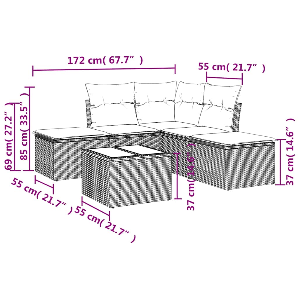 Set divani da esterno in polyrattan nero 6 pz con tavolo in vetro