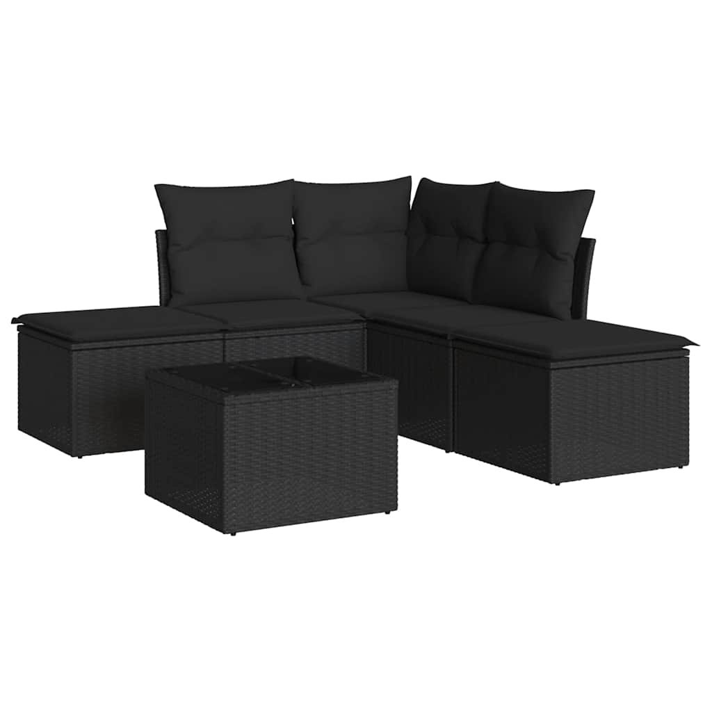 Set divani da esterno in polyrattan nero 6 pz con tavolo in vetro