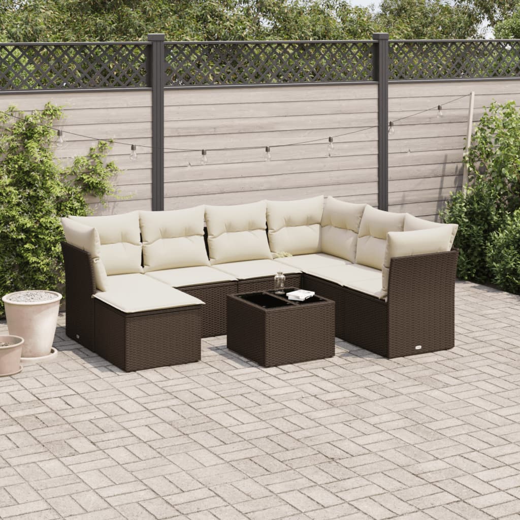 Salotto da giardino 8 pz in polyrattan marrone con cuscini crema