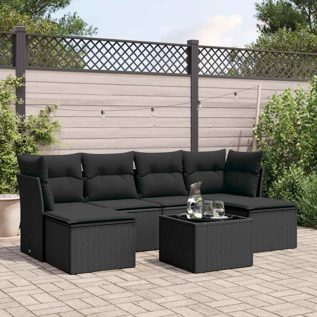 Set Divani da Giardino con Cuscini 7 pz Nero Polyrattan