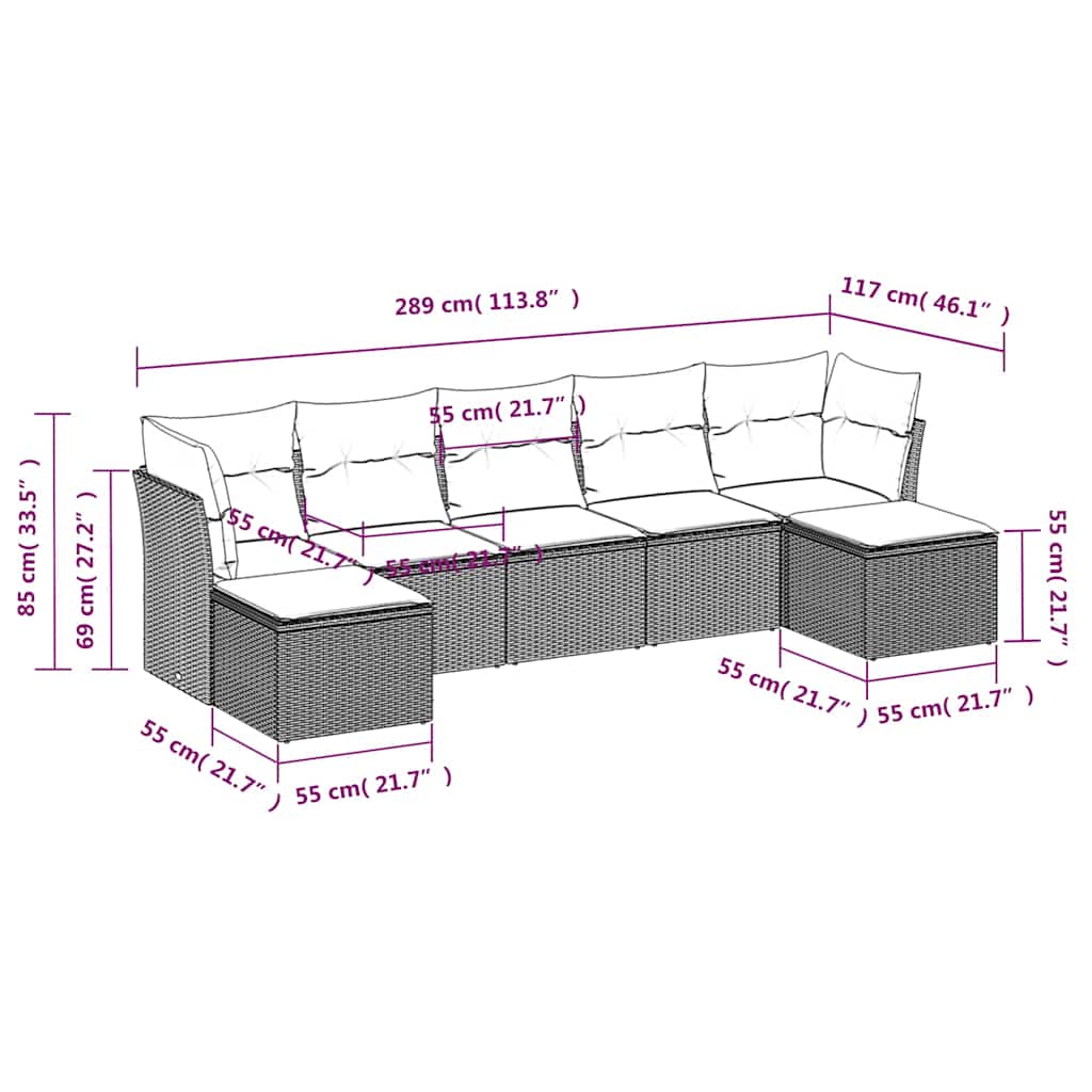 Set Divani da Giardino 7pz con Cuscini Grigio Chiaro Polyrattan