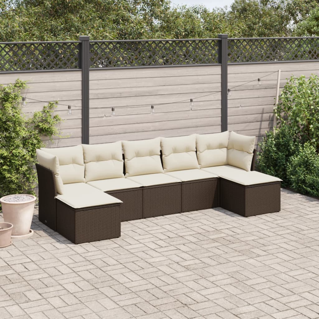 Salotto da Giardino 7 pz in Rattan PE Marrone con Cuscini Bianchi