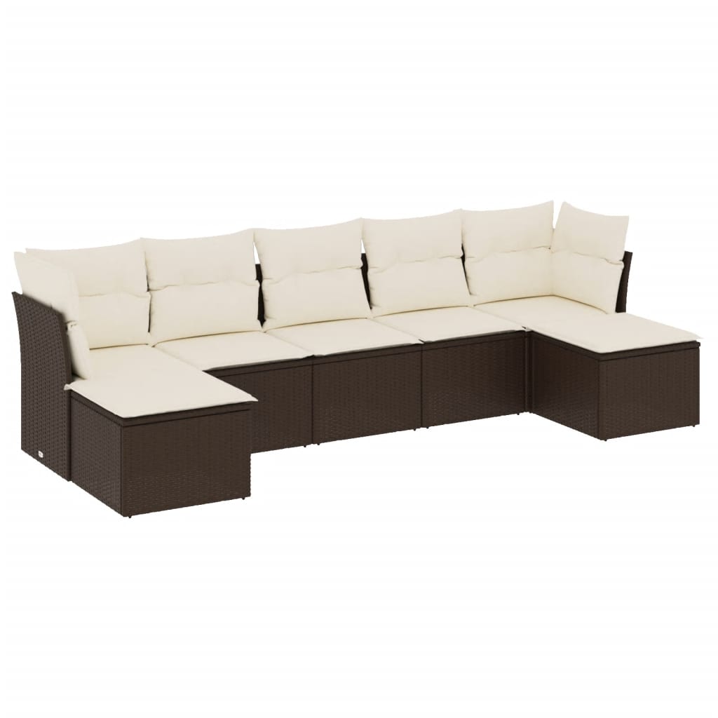 Salotto da Giardino 7 pz in Rattan PE Marrone con Cuscini Bianchi
