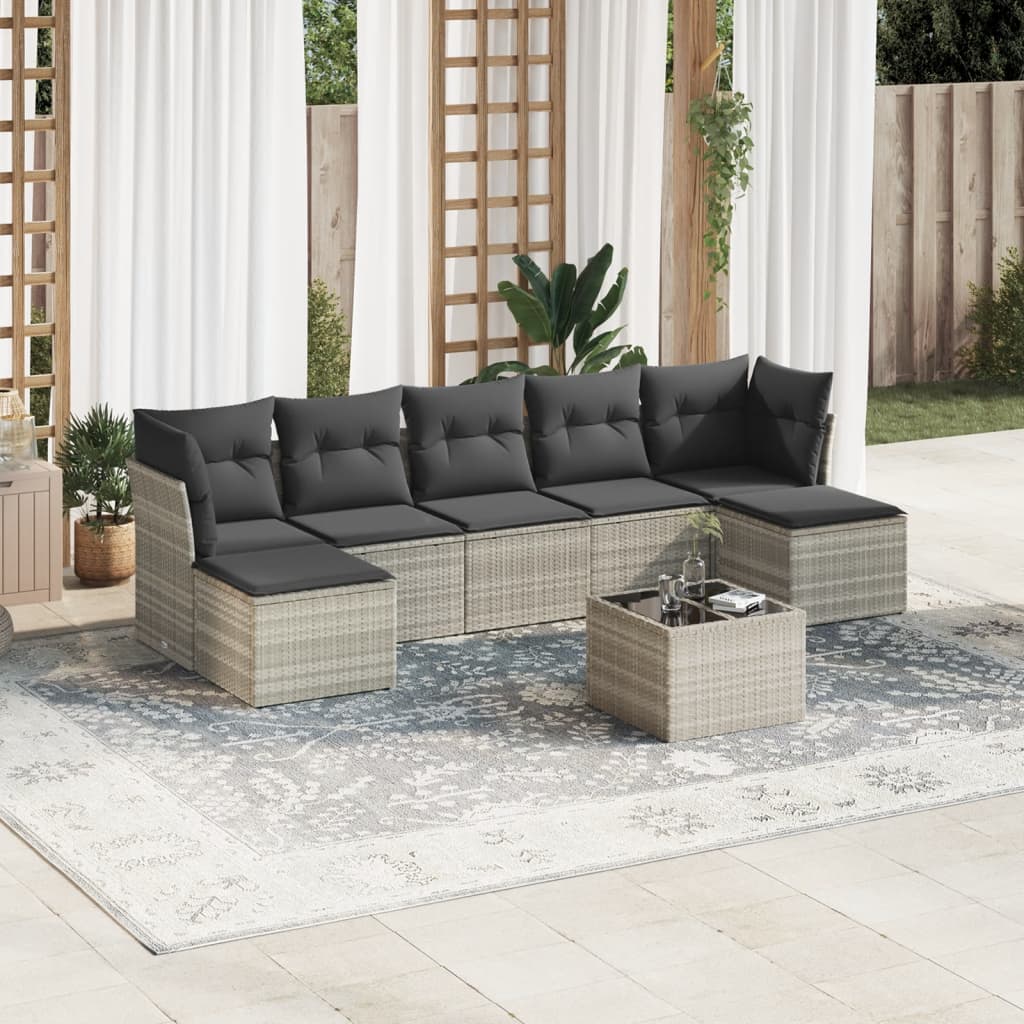 Set Divano da Giardino 8 pz Rattan PE Grigio Chiaro con Cuscini