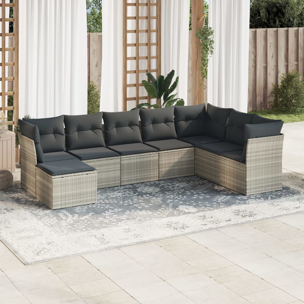 Set Divano da Giardino 8 pz con Cuscini Grigio Chiaro in Polyrattan
