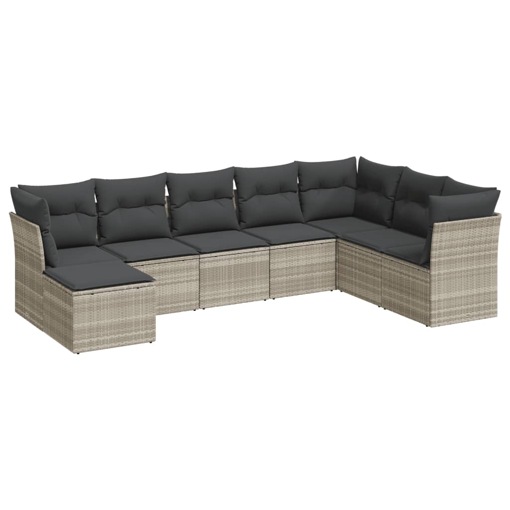 Set Divano da Giardino 8 pz con Cuscini Grigio Chiaro in Polyrattan