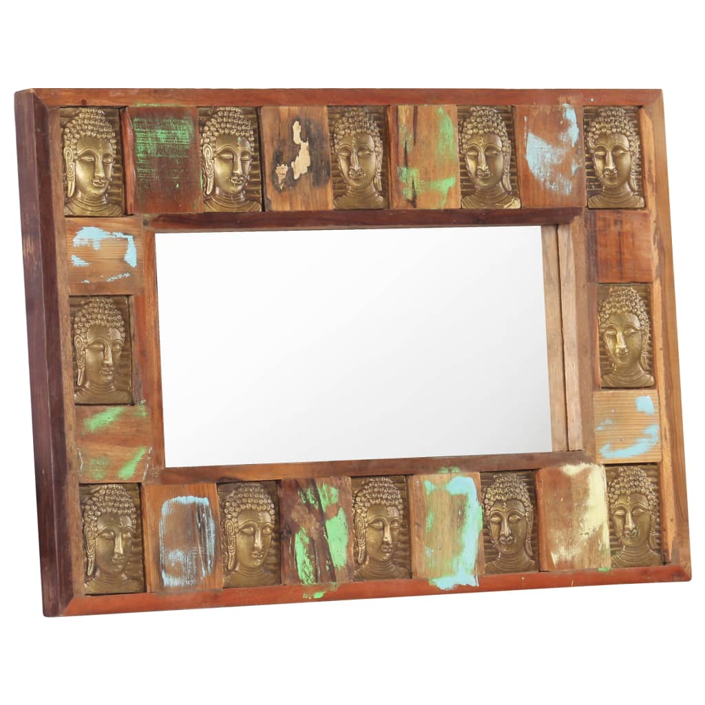 Specchio Decorato con Buddha 80x50cm Legno Massello di Recupero