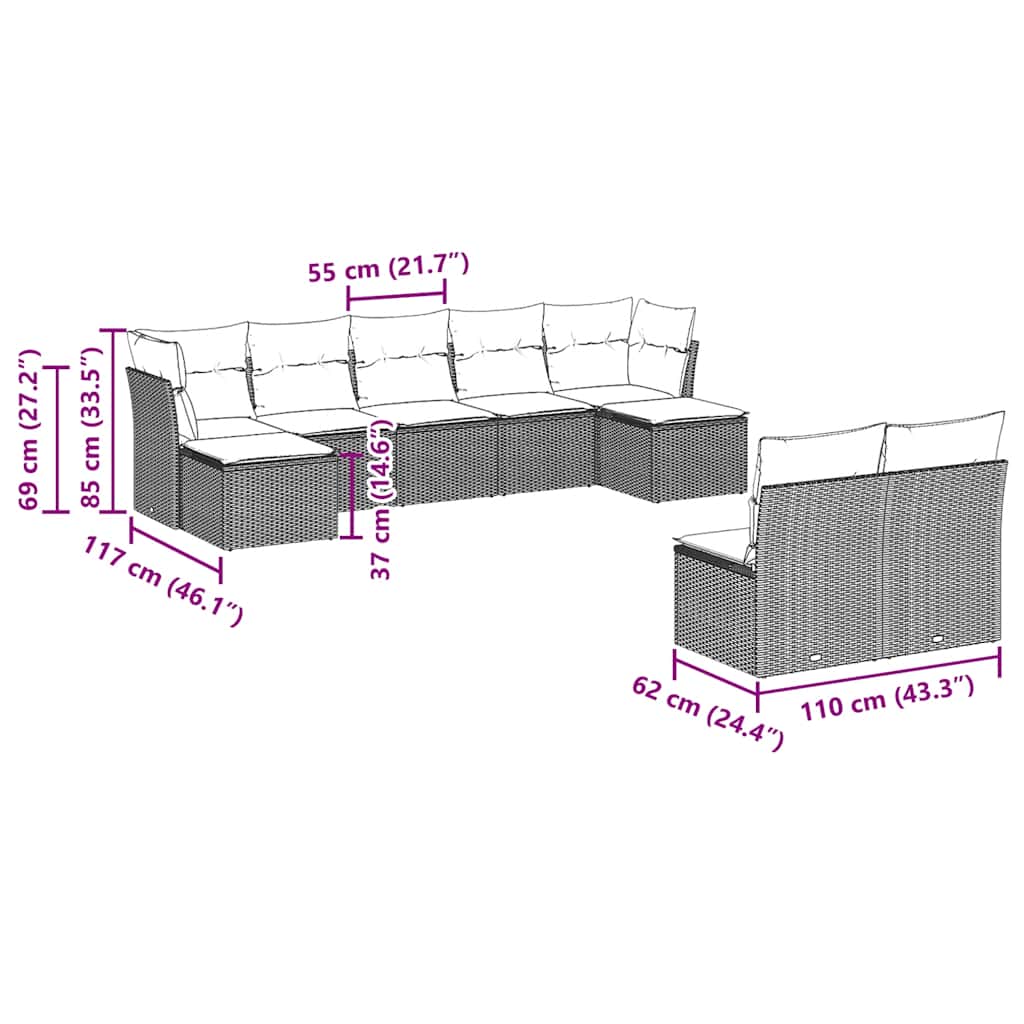 Set divano da giardino 9 pezzi in polyrattan marrone