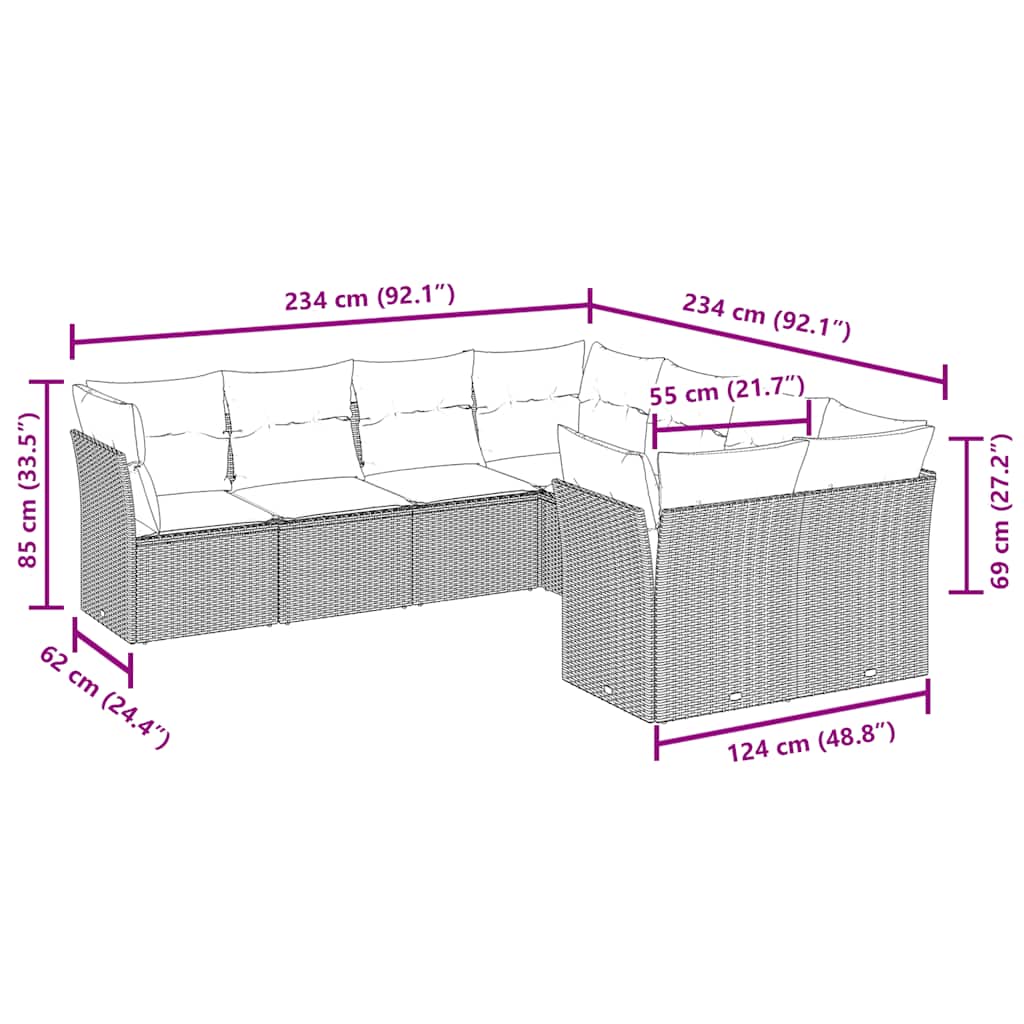 Salotto da giardino 8 pz in polyrattan marrone con cuscini 2