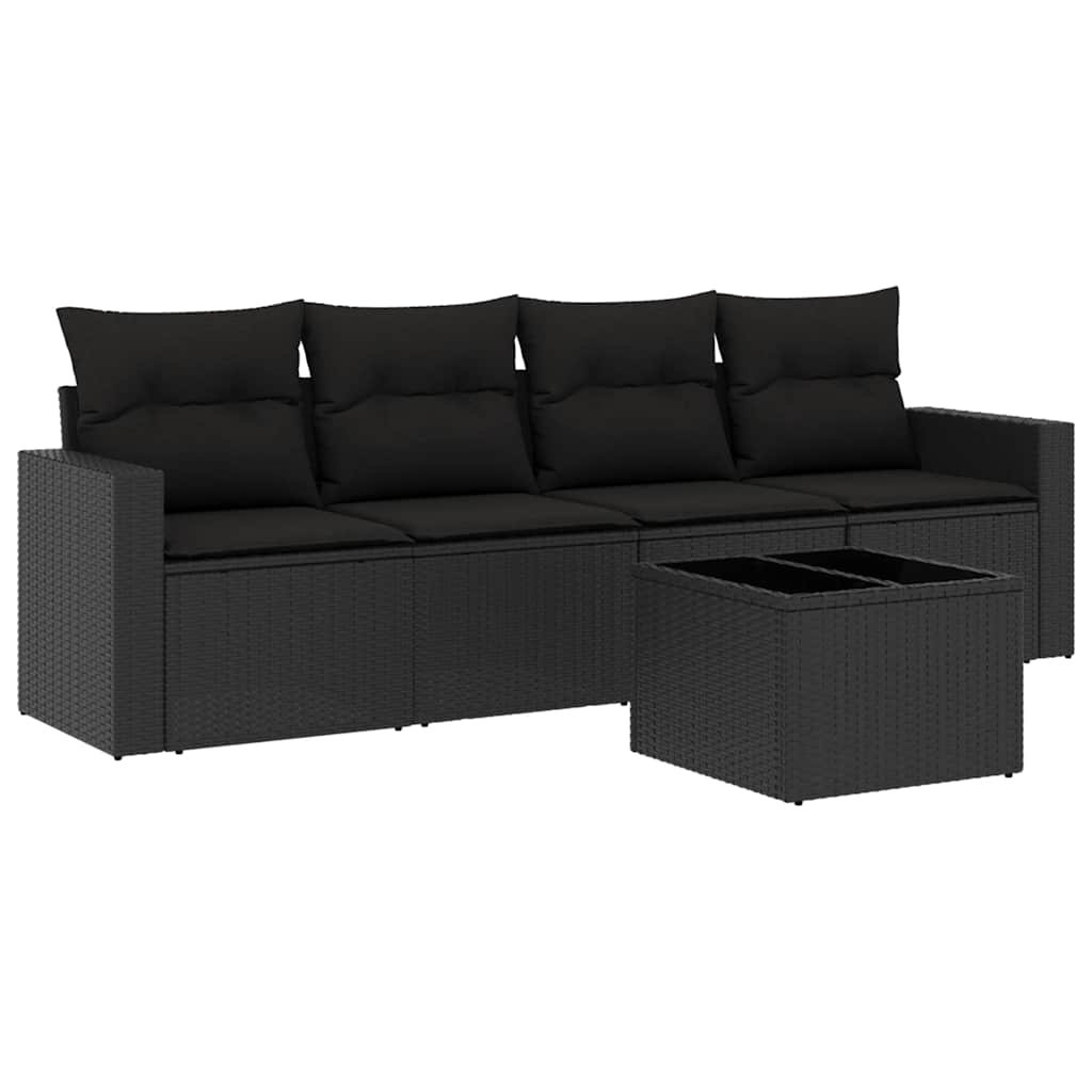 Salotto da giardino 5 pz in rattan PE nero, cuscini sfoderabili