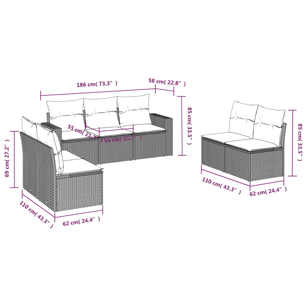 Salotto da Giardino Modulare Nero 7 pz in Polyrattan