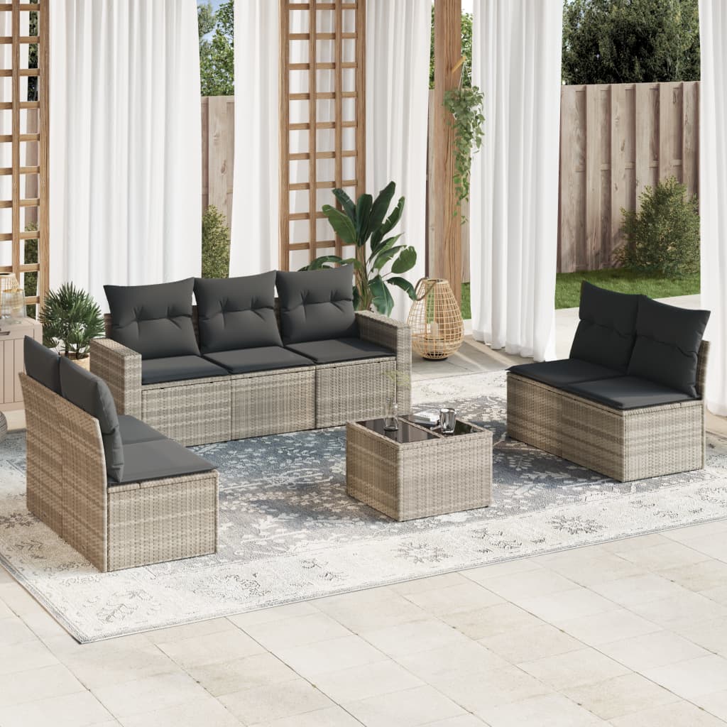 Salotto da Giardino 8 pz Polyrattan Grigio Chiaro Cuscini