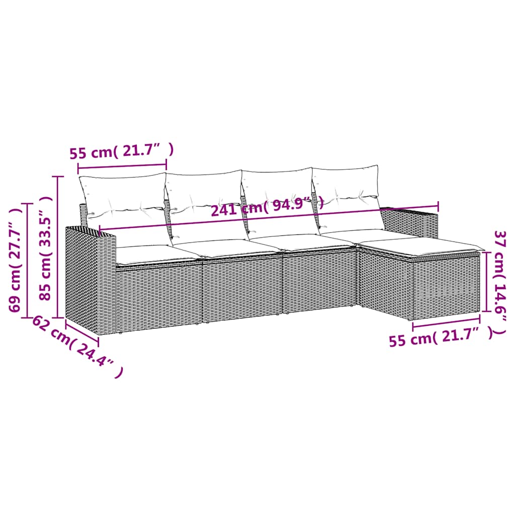 Set Divani da Giardino 5 pz con Cuscini in Polyrattan Nero