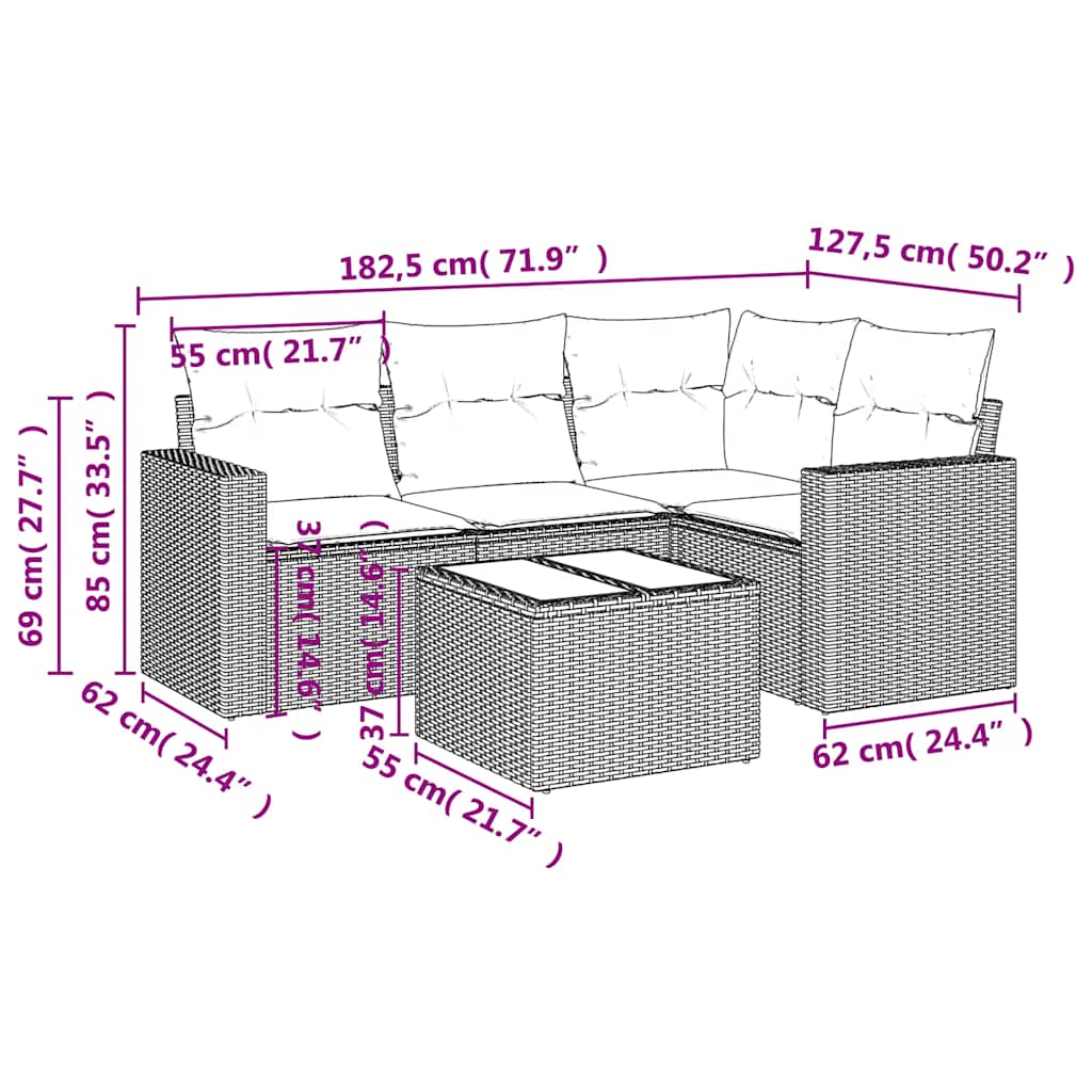 Set Divani da Giardino 5 pz con Cuscini in Polyrattan Nero