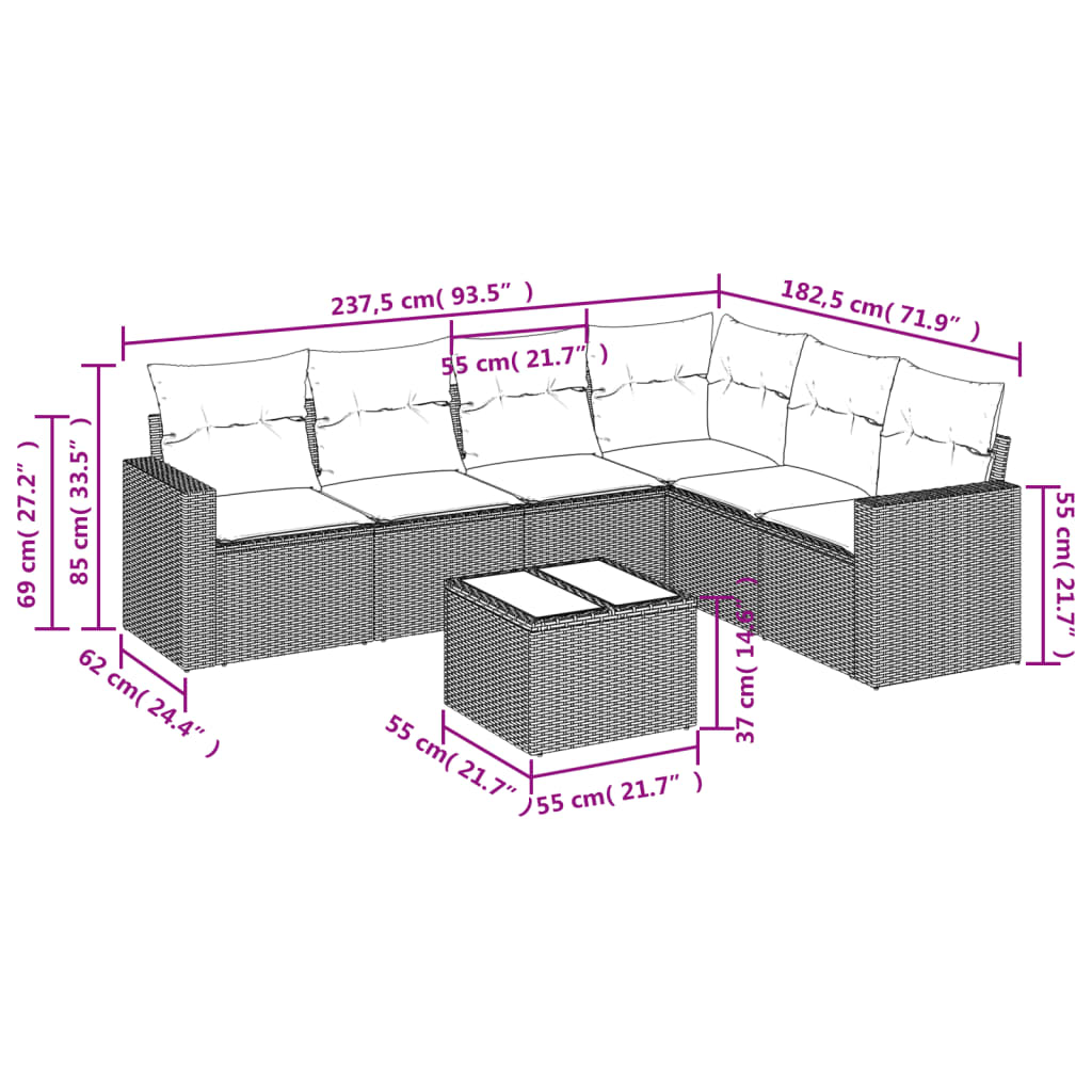 Set Divani da Giardino 7 pz con Cuscini Grigio in Polyrattan