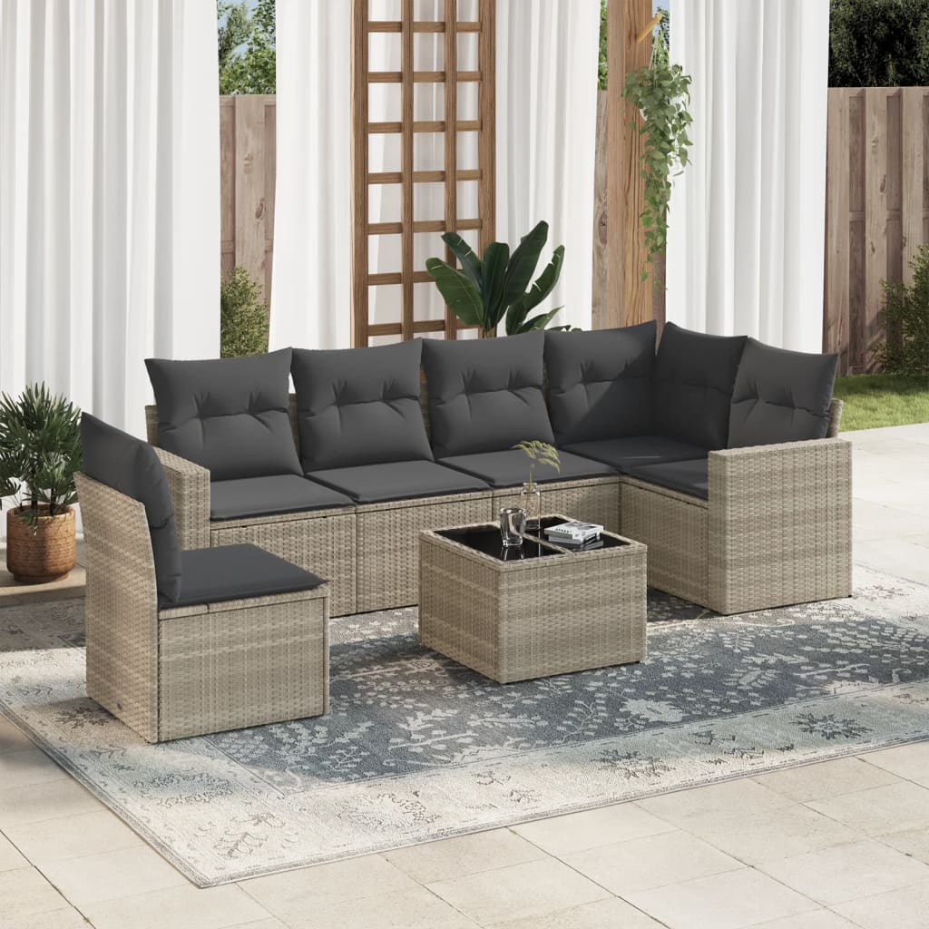 Set Divani da Giardino 7pz con Cuscini Grigio Chiaro Polyrattan
