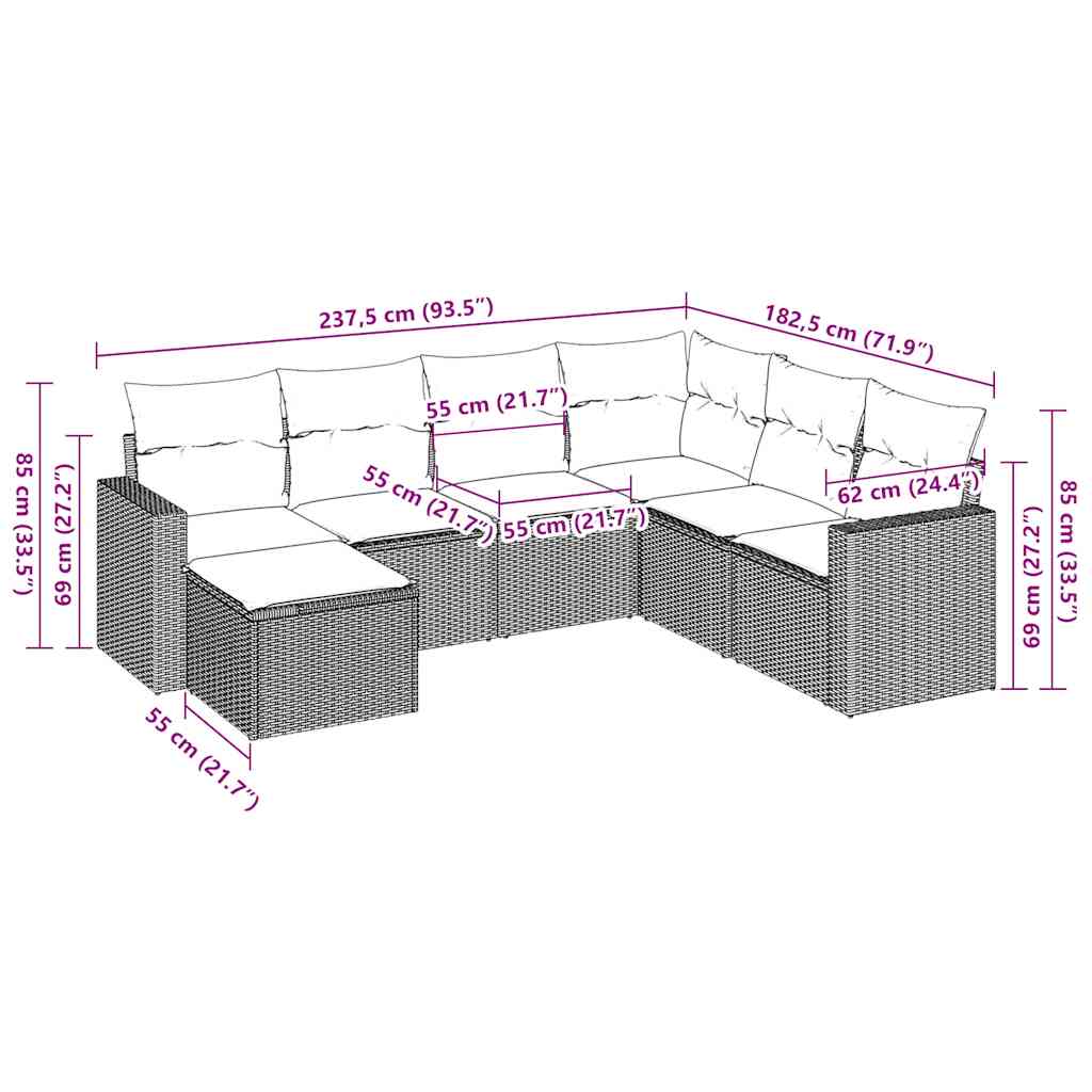 Set salotto da giardino 7 pz in polyrattan marrone