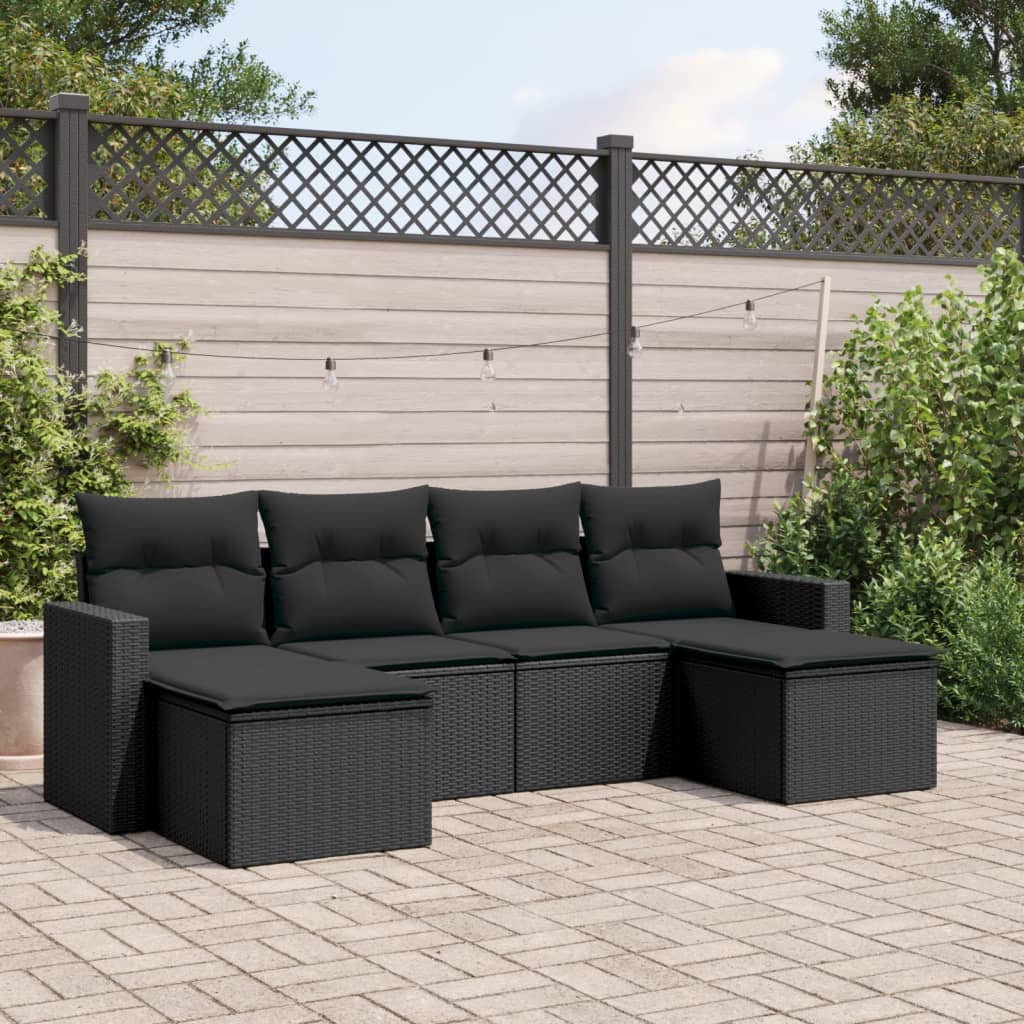 Set divano da esterno 6 pz nero in polyrattan con cuscini