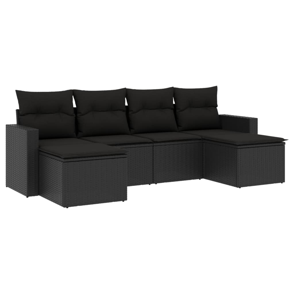Set divano da esterno 6 pz nero in polyrattan con cuscini