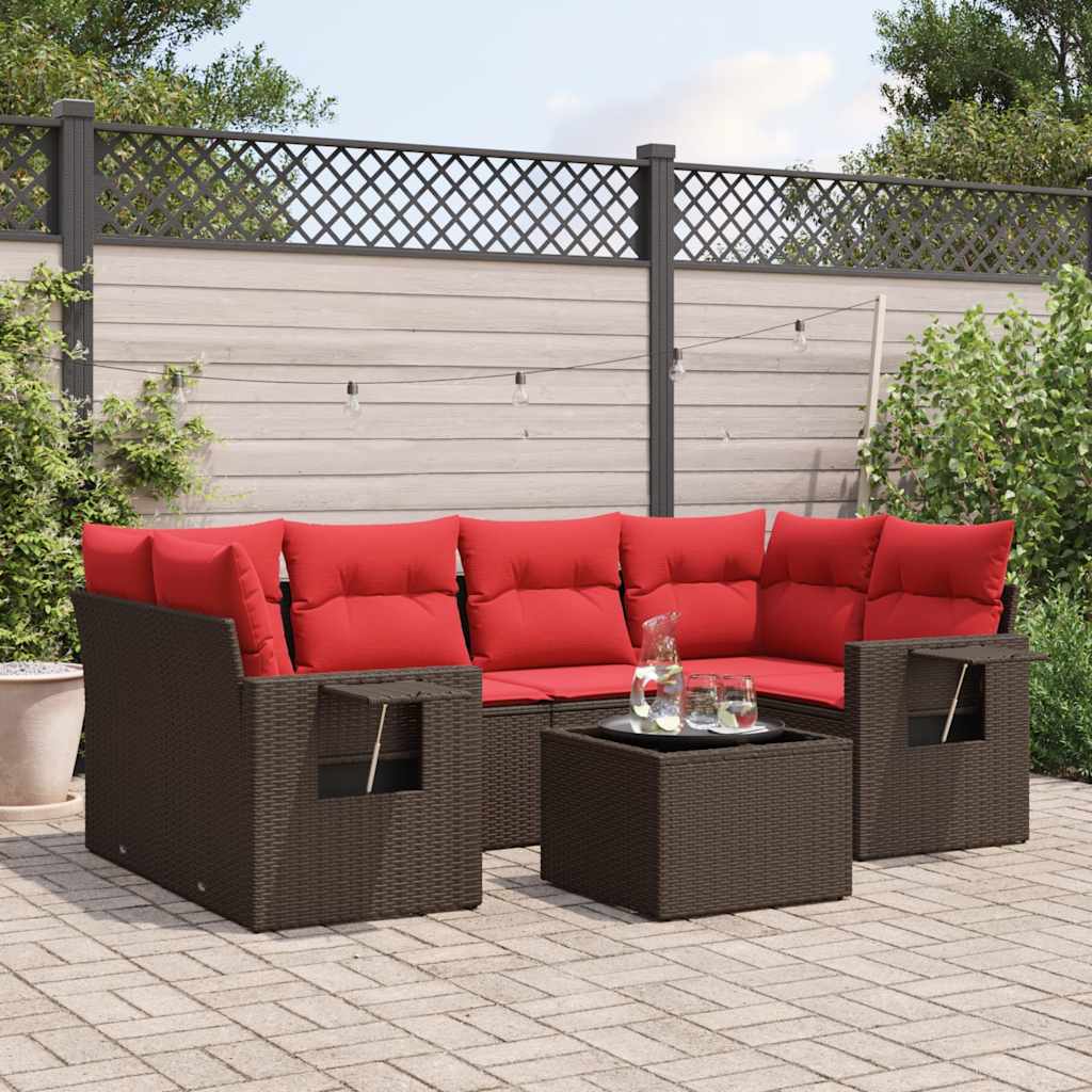 Set Divani da Giardino 7 pz con Cuscini Marrone in Polyrattan