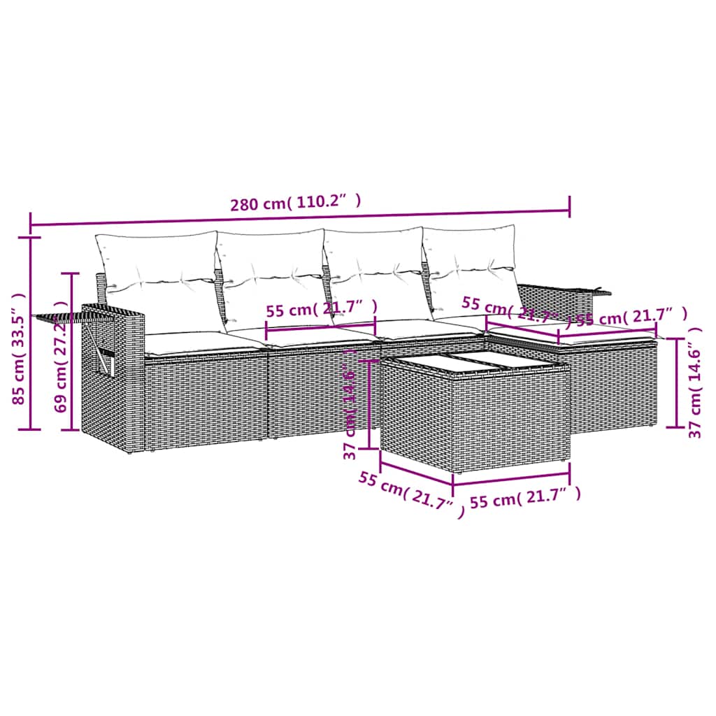 Set Divano da Giardino 6 pz con Cuscini Nero in Polyrattan