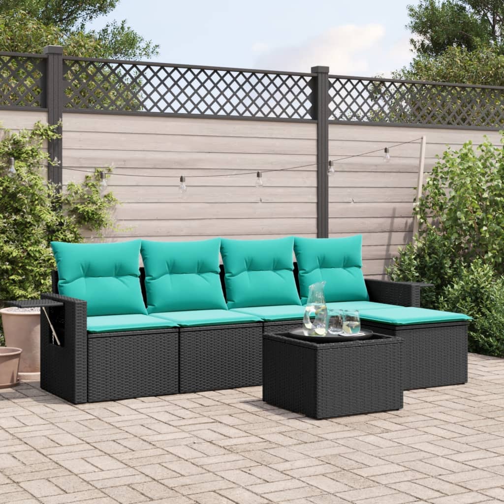 Set Divani da Giardino 6 pz con Cuscini Nero in Polyrattan