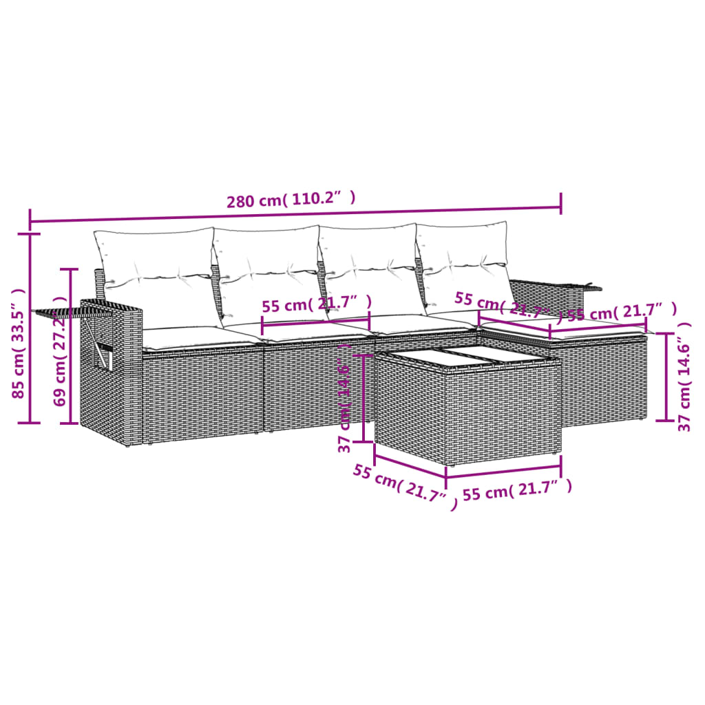Set Divani da Giardino 6 pz con Cuscini Nero in Polyrattan