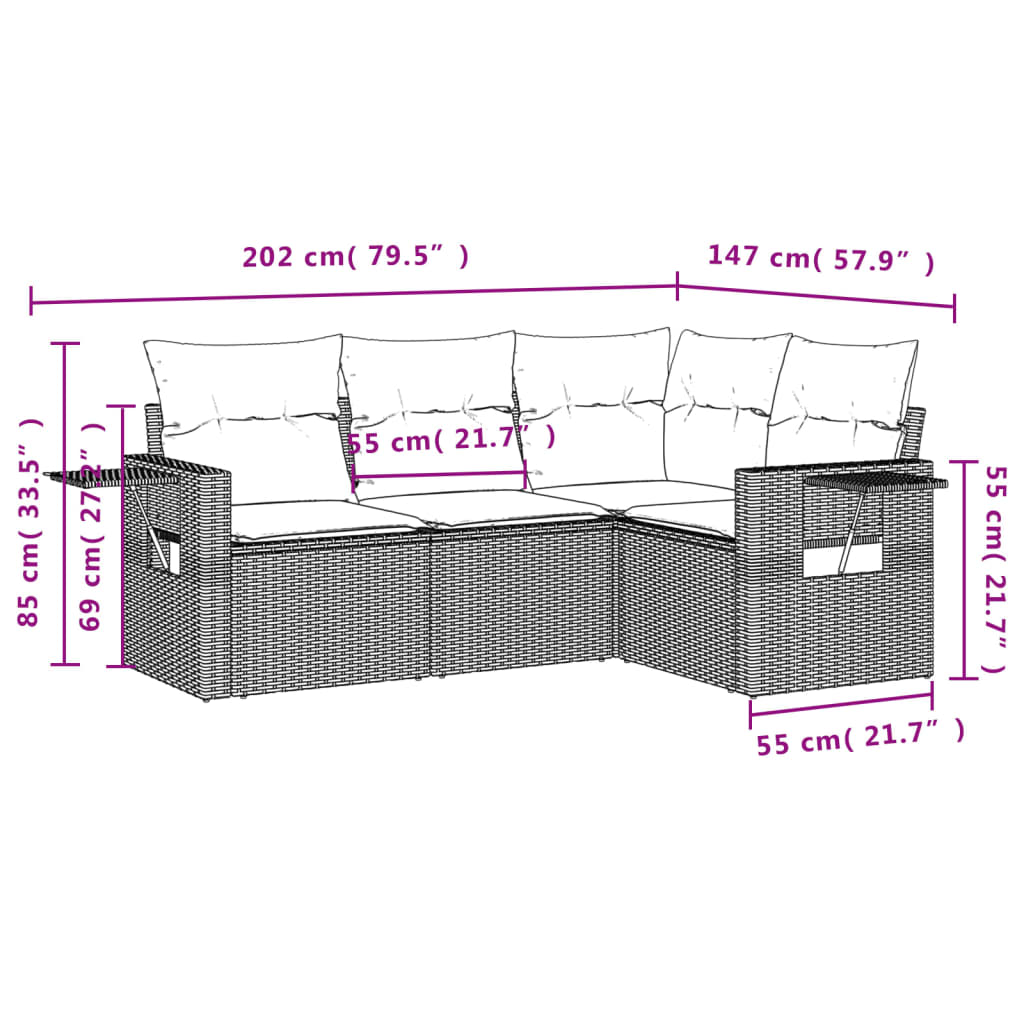 Set Divano da Giardino 4 pz con Cuscini Beige in Polyrattan