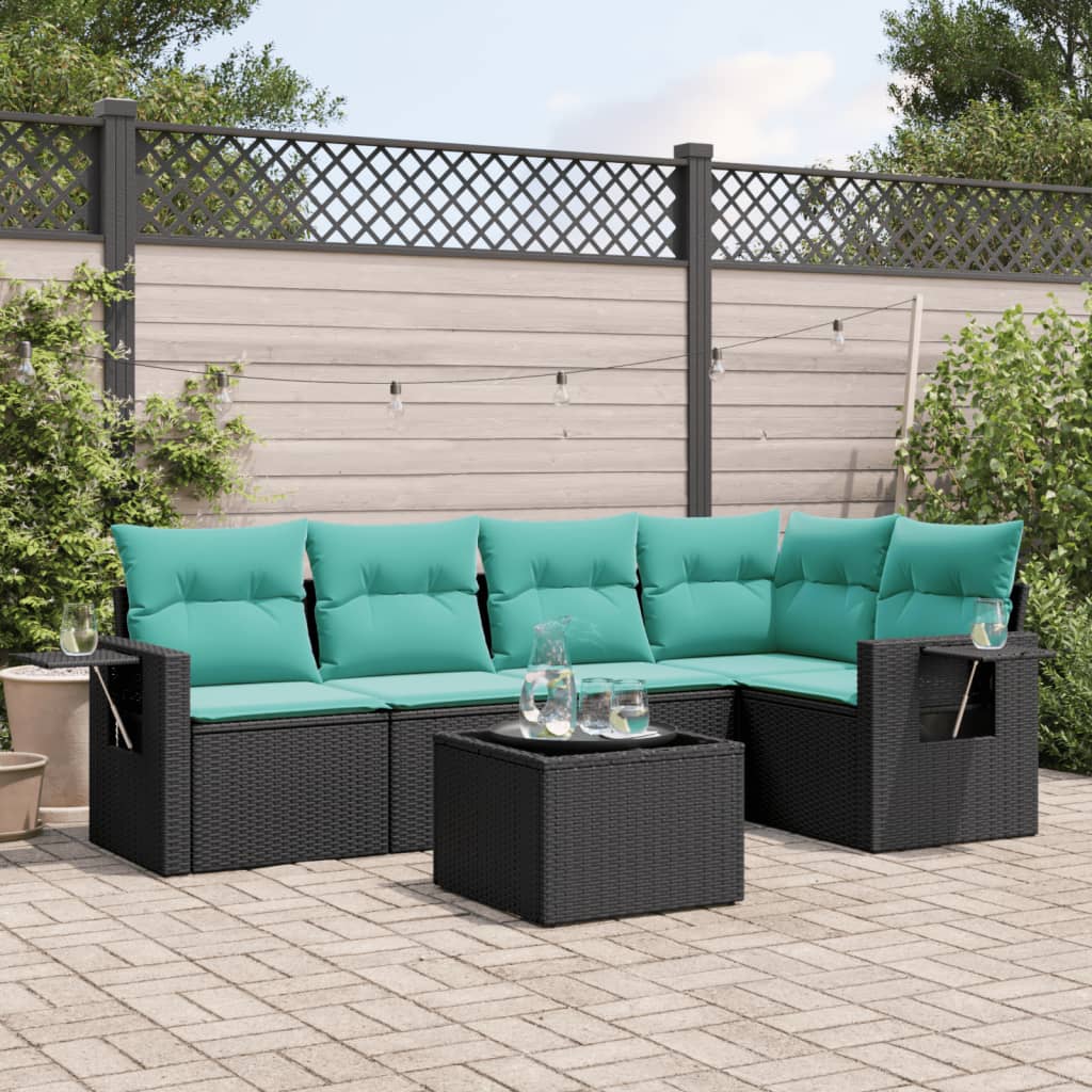 Set Divani da Giardino 6 pz con Cuscini Nero in Polyrattan
