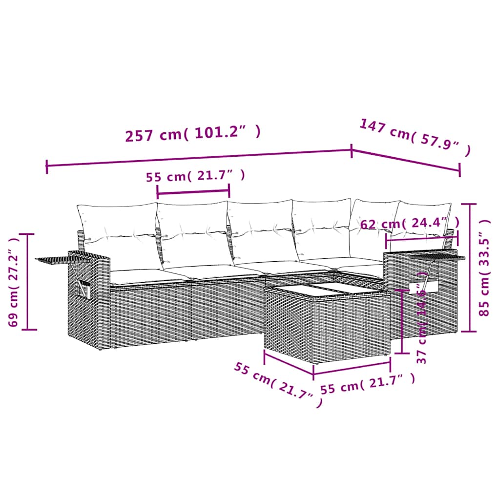 Set Divano da Giardino 6pz con Cuscini Grigio Chiaro Polyrattan