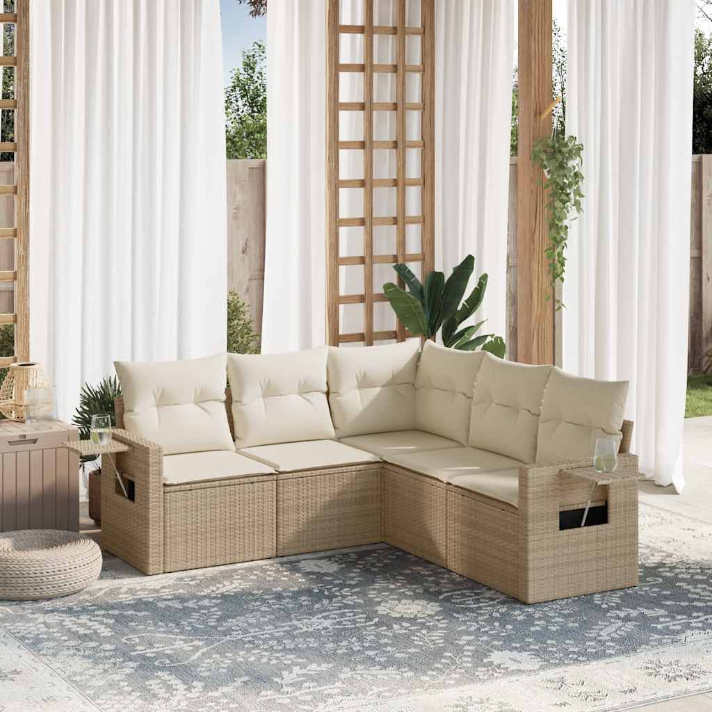 Set Divano da Giardino 5 pz con Cuscini Beige in Polyrattan