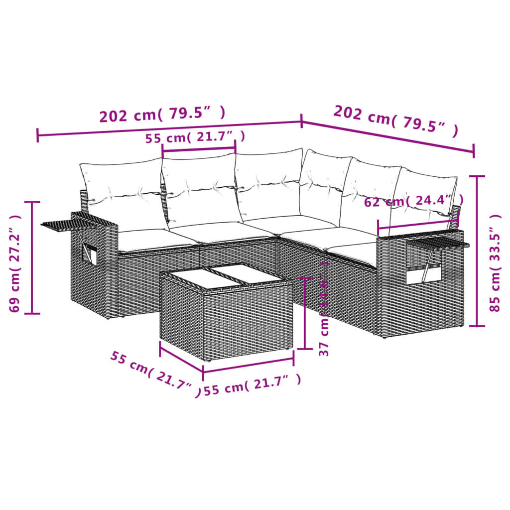 Salotto da giardino 6 pezzi nero in rattan PE con cuscini 2