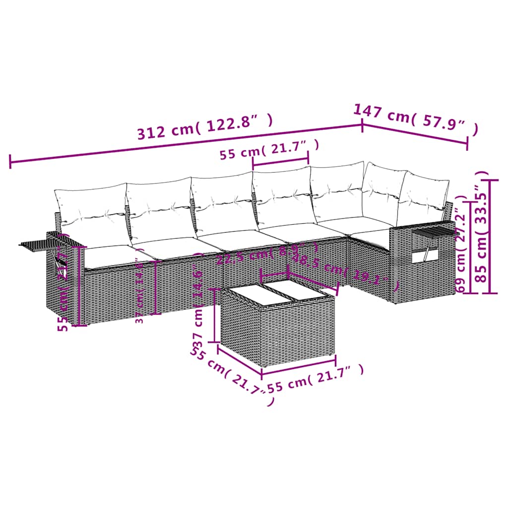 Set Divani da Giardino 7 pz Polyrattan Grigio Chiaro con Cuscini
