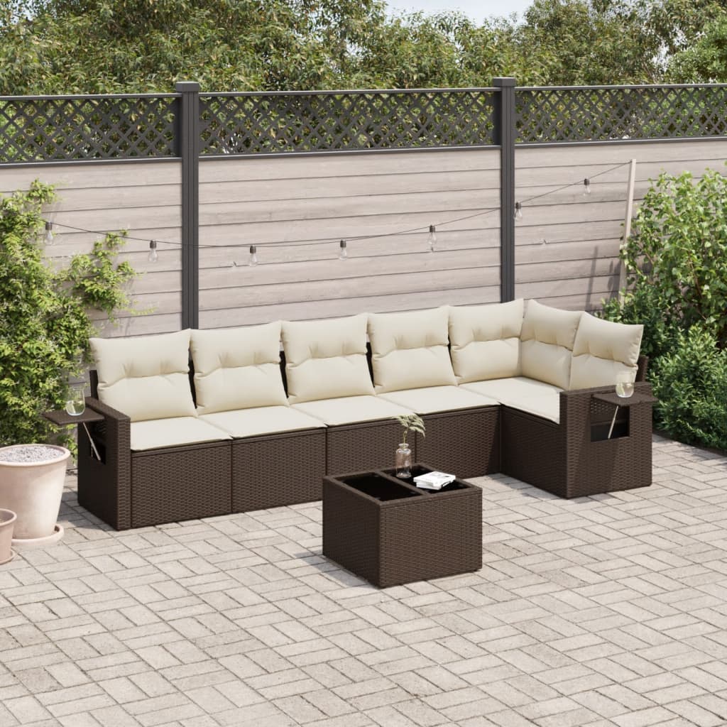 Salotto da Giardino 7 pz Marrone in Polyrattan con Tavolo in Vetro