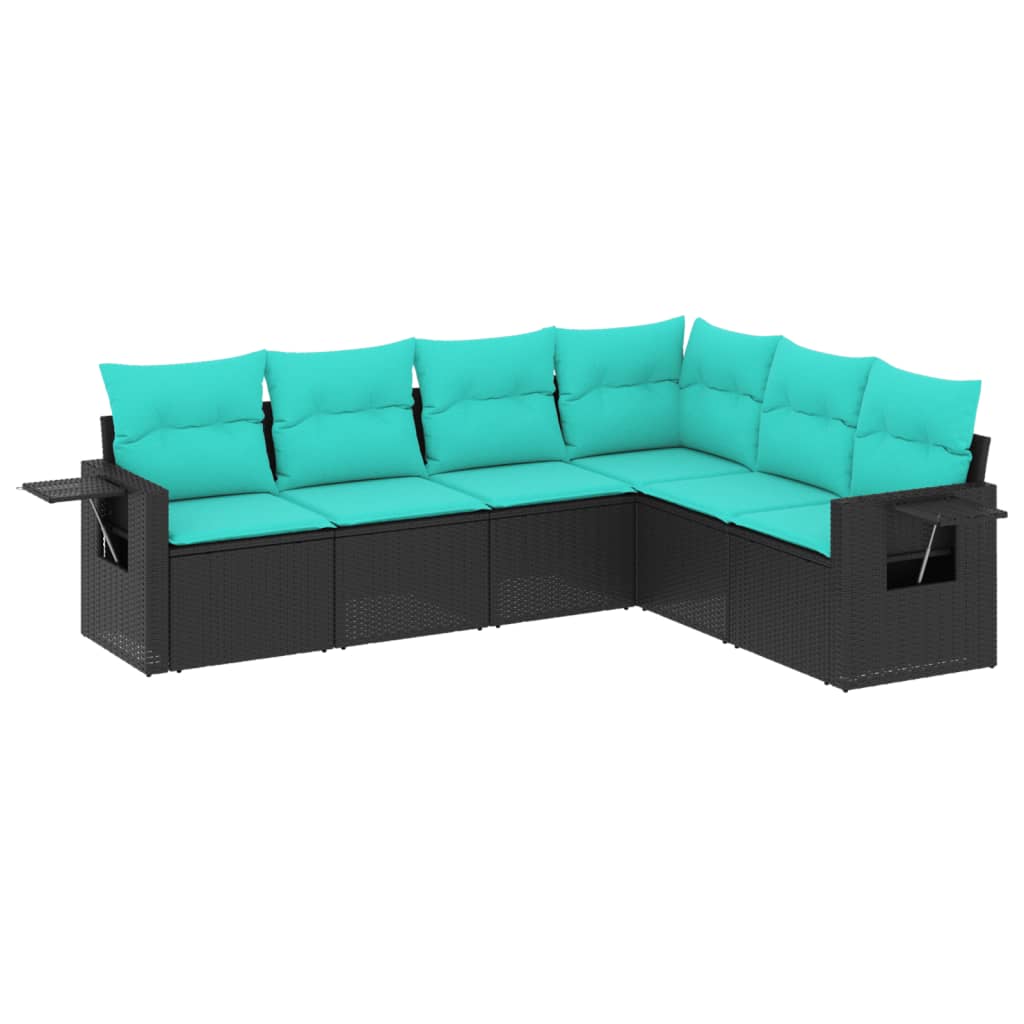 Salotto da giardino 6 pezzi in polyrattan nero con cuscini blu