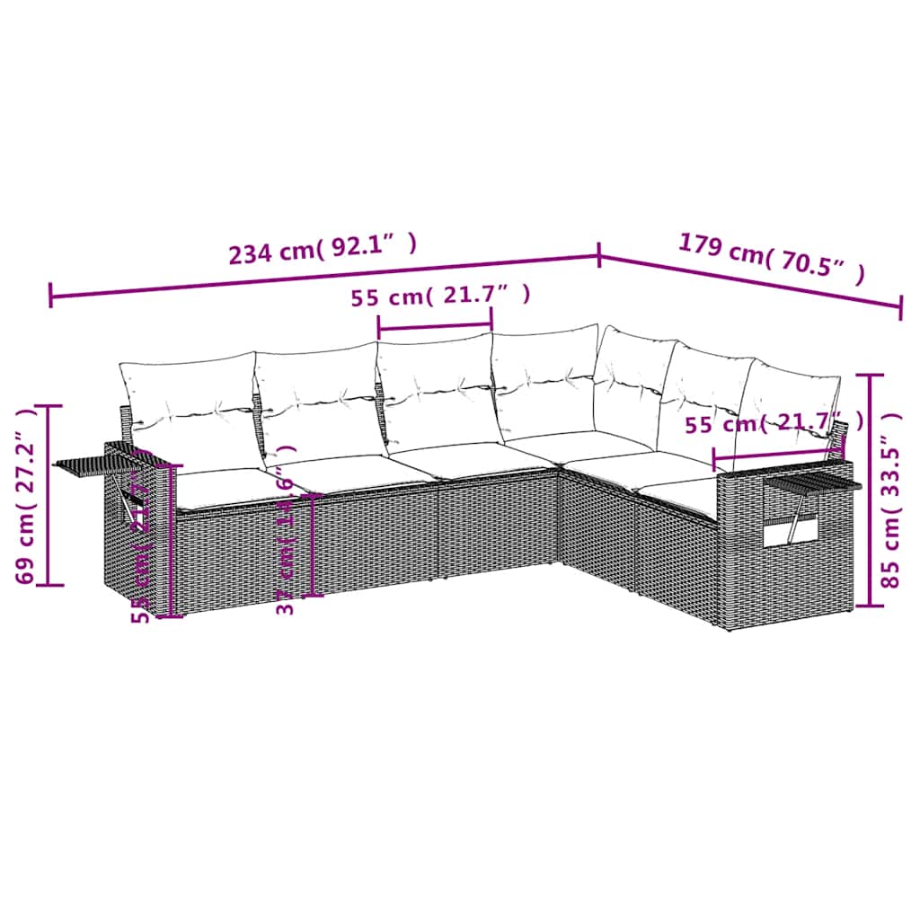 Set divano da esterno 6 pz in rattan PE grigio