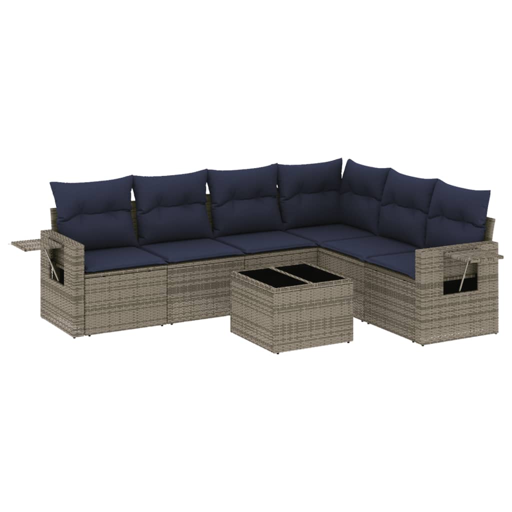 Salotto da giardino grigio in rattan PE, 7 pezzi con tavolino